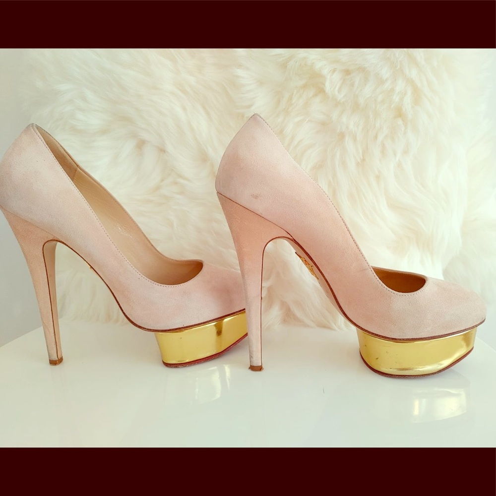 Charlotte Olympia Dolly Blush Gold Suede Heels